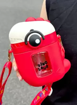 Sticla de Apa pentru Copii, model Dinozaur, cu Bareta si Pai, Rosu, 500 ml MIX15024